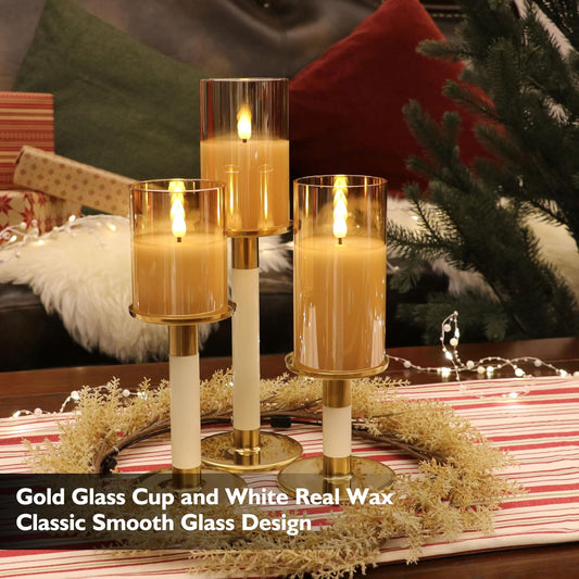 Gold Glass Battery Operated Candles with Remote, Flameless LED Candle Gift Set, Warm White Light - Include 6 Batteries
