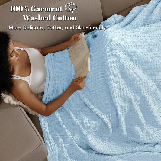 100% Cotton Waffle Weave Blanket Queen Size for Bed, Soft Lightweight & Breathable, All-Season Comfort, Luxury Aesthetic Woven Bedding for Home Decor, 90"X90", Baby Blue