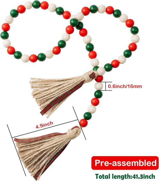Christmas Wood Beads Garland, 41’’ Xmas Wood Bead Garland Tassel Classical Green&Red Garland Winter Farmhouse Rustic Beads with Jute Rope Plaid Tassel Natural Wood Beads Décor for New Year