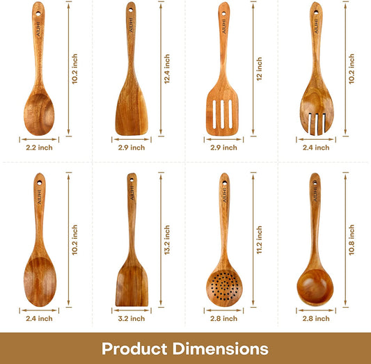 Wood Spoons for Cooking, Nonstick Kitchen Utensil Set, Wooden Spoons Cooking Utensil Set Non Scratch Natural Teak Wooden Utensils for Cooking (Teak 8 Pack)