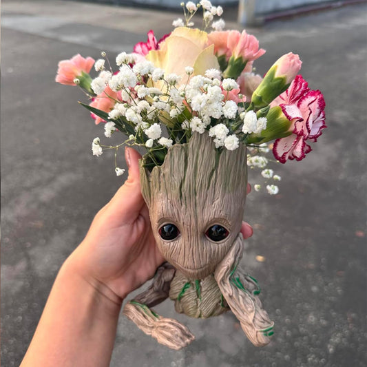 Baby Groot Pen Pot Tree Man Pens Holder or Flower Pot with Drainage Hole Perfect for a Tiny Succulents Plants 6" (Grayish Brown)
