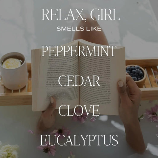 Relax Girl, Peppermint, Cedar, Clove, and Eucalyptus Scented Soy Wax Candle for Home | 9Oz Clear Jar, 40 Hour Burn Time, Non Toxic, Made in the USA