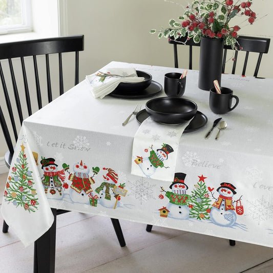 Believe Snowman Engineered Printed Jacquard Fabric Christmas Table Cloth, Christmas Tablecloth for All Winter and Holiday (60" X 84" Rectangular, Believe Snowman)
