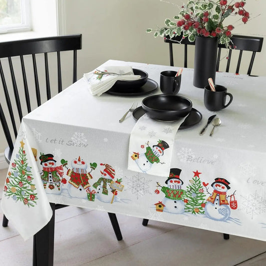 Believe Snowman Engineered Printed Jacquard Fabric Christmas Table Cloth, Christmas Tablecloth for All Winter and Holiday (60" X 84" Rectangular, Believe Snowman)