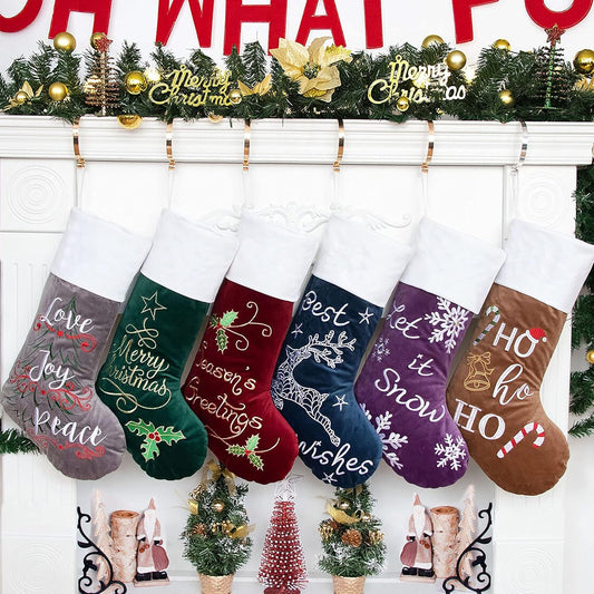 Christmas Stockings 6 Pack for Family 22" Large Embroidered Classic Luxury Velvet Red Green Purple Blue Grey Brown Decorations for Fireplace Xmas Season (Set of 6)