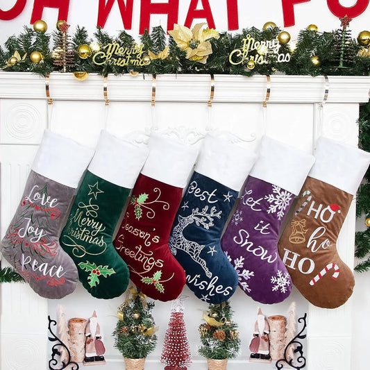 Christmas Stockings 6 Pack for Family 22" Large Embroidered Classic Luxury Velvet Red Green Purple Blue Grey Brown Decorations for Fireplace Xmas Season (Set of 6)