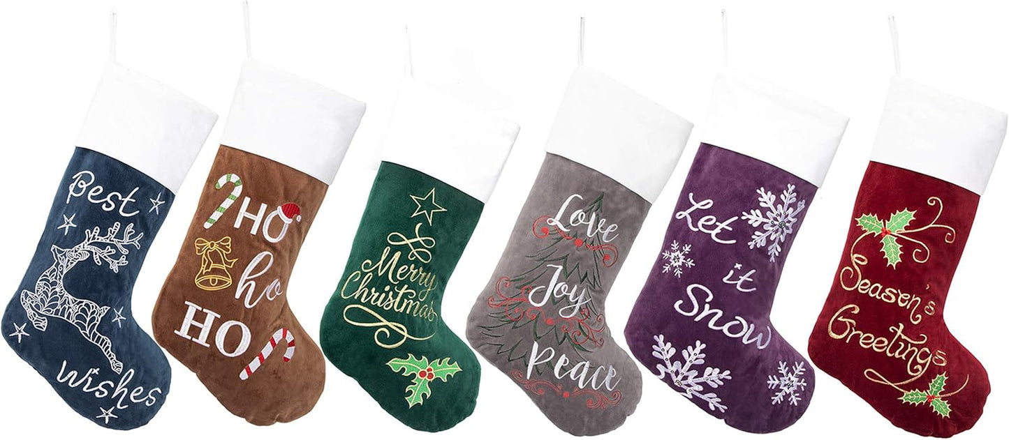 Christmas Stockings 6 Pack for Family 22" Large Embroidered Classic Luxury Velvet Red Green Purple Blue Grey Brown Decorations for Fireplace Xmas Season (Set of 6)