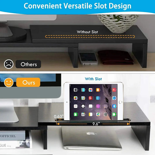 Dual Monitor Stand Riser with Adjustable Length & Angle, Multifunctional Double Monitor Riser with 2 Slot for PC, Computer