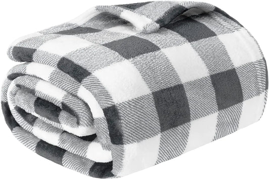 Light Grey Buffalo Plaid Throw Blanket for Couch, Soft Checkered Flannel Fleece Blanket for Sofa, Grey White Plaid Decorative Couch Throw, Warm Cozy All Season Fall Blanket Decor Gift, 50X60