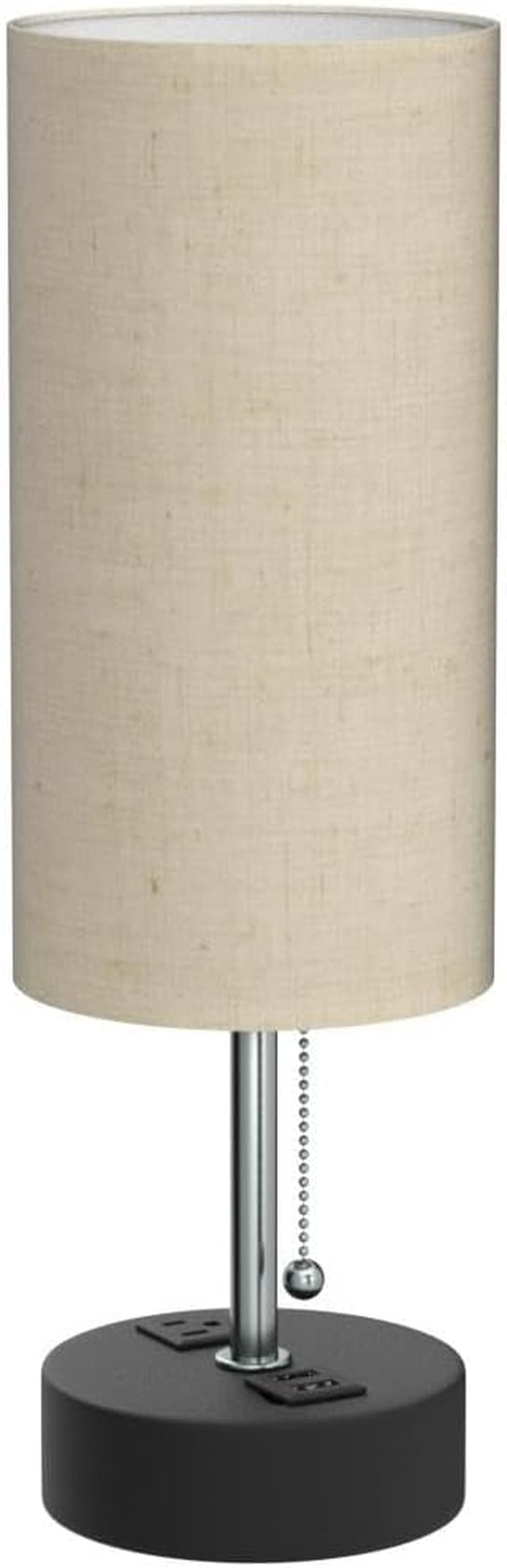 USB Bedside Table Lamp, Minimalist Nightstand Lamp with Charging Ports, Lamps for Bedrooms, Fabric Linen Lamp Shade, Modern Desk Lamp with Pull Chain (Round Table Lamp)
