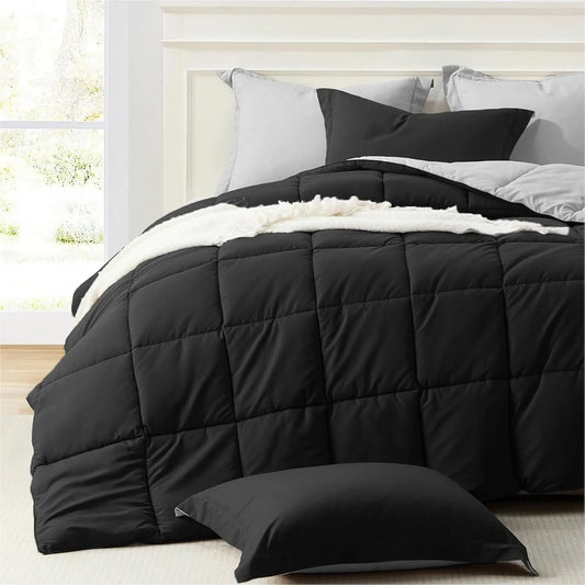 King Size Comforter Set Black, Comforter King Size Bed Set Lightweight Reversible down Alternative Bed Comforters Soft All Season 3 Piece Sets with 2 Sham Black/Light Grey