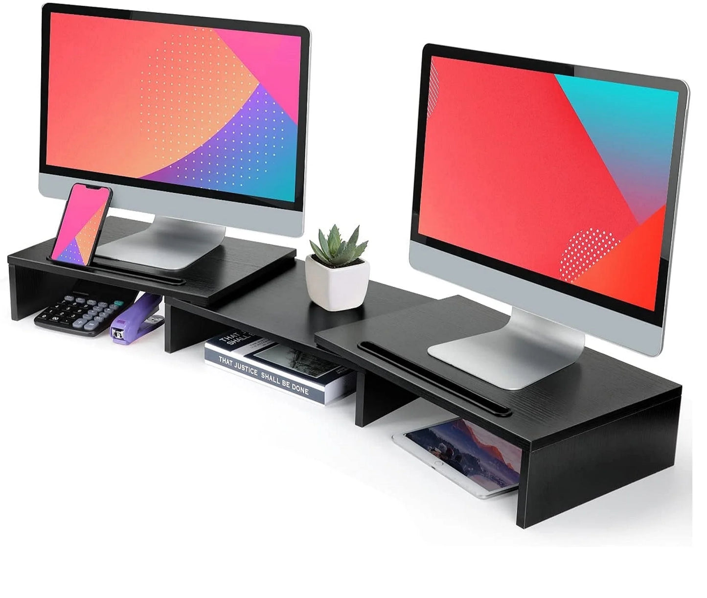 Dual Monitor Stand Riser with Adjustable Length & Angle, Multifunctional Double Monitor Riser with 2 Slot for PC, Computer