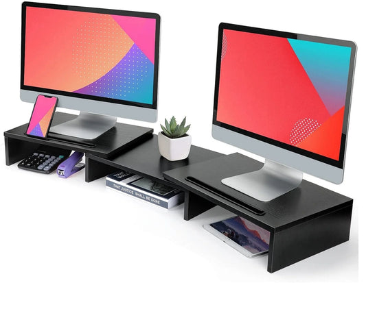 Dual Monitor Stand Riser with Adjustable Length & Angle, Multifunctional Double Monitor Riser with 2 Slot for PC, Computer
