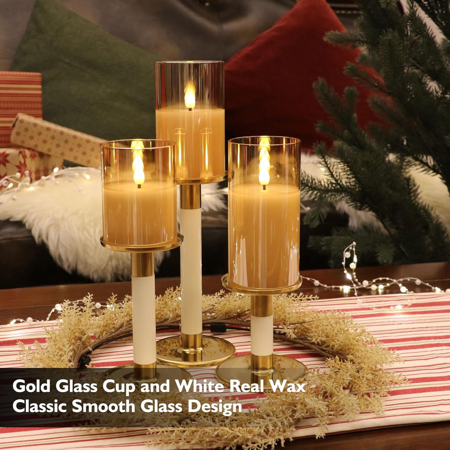Gold Glass Battery Operated Candles with Remote, Flameless LED Candle Gift Set, Warm White Light - Include 6 Batteries