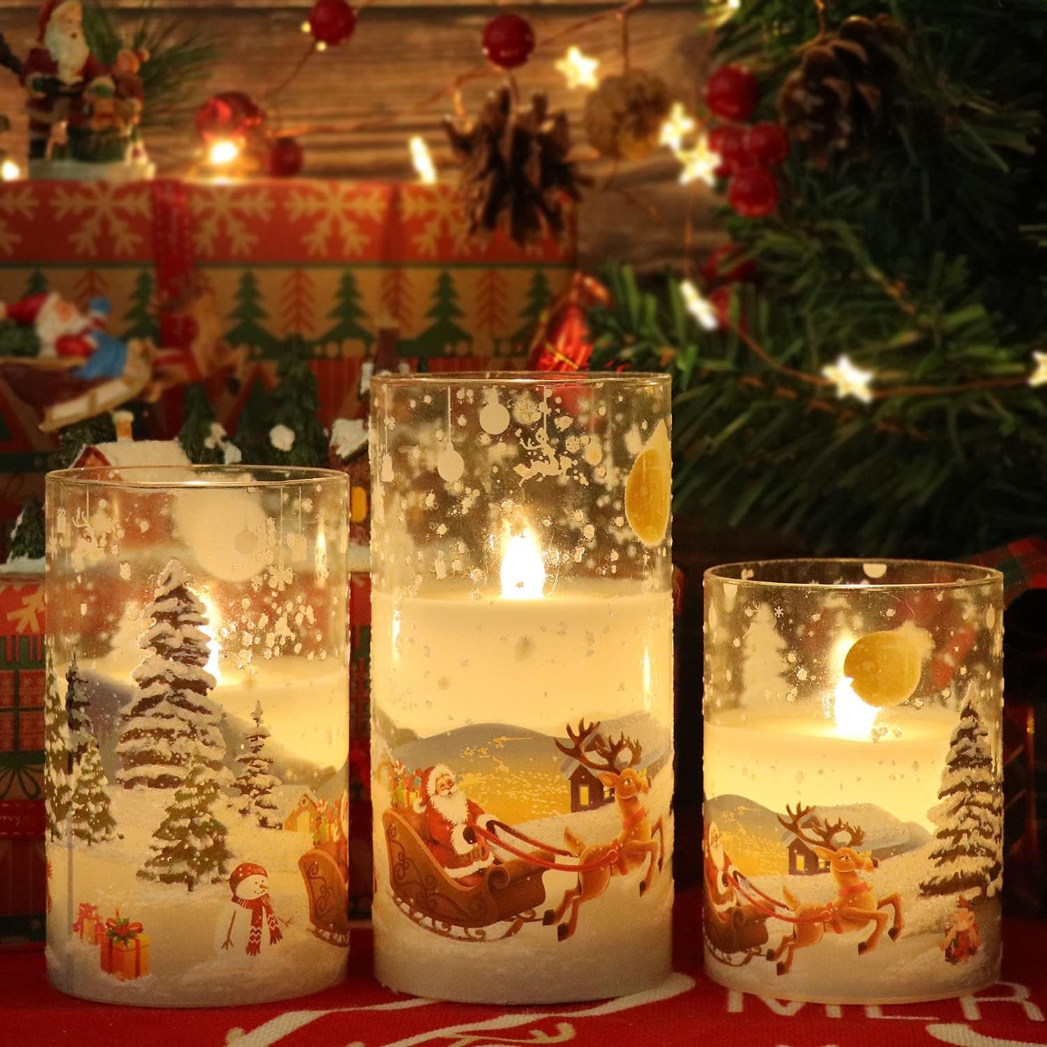 Santa Claus Glass Flameless Candles Battery Operated Remote and Timer Real Wax LED Flickering Pillar Candles White Cold Light Window Christmas Holiday Decor D3 X H4, 5", 6"
