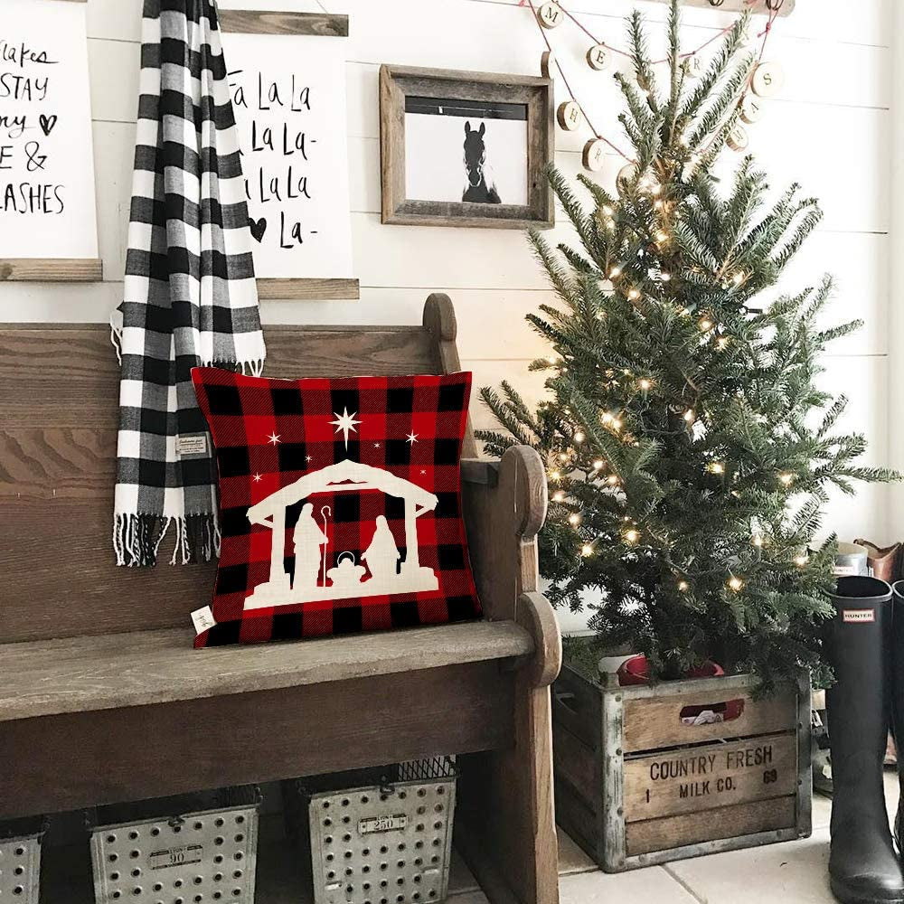 AENEY Buffalo Plaid Christmas Pillow Covers 20X20 Set of 4 Christmas Pillows Xmas Winter Holiday Throw Pillows Deer Farmhouse Christmas Decor Red Truck Christmas Decorations for Couch A265-20