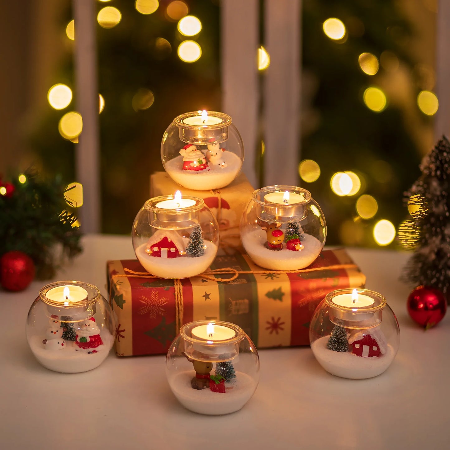 Set of 3 Santa Claus Tealight Candle Holders: Christmas Decor with Red Hat White Beard Festive Tabletop Decorations Holiday Gift