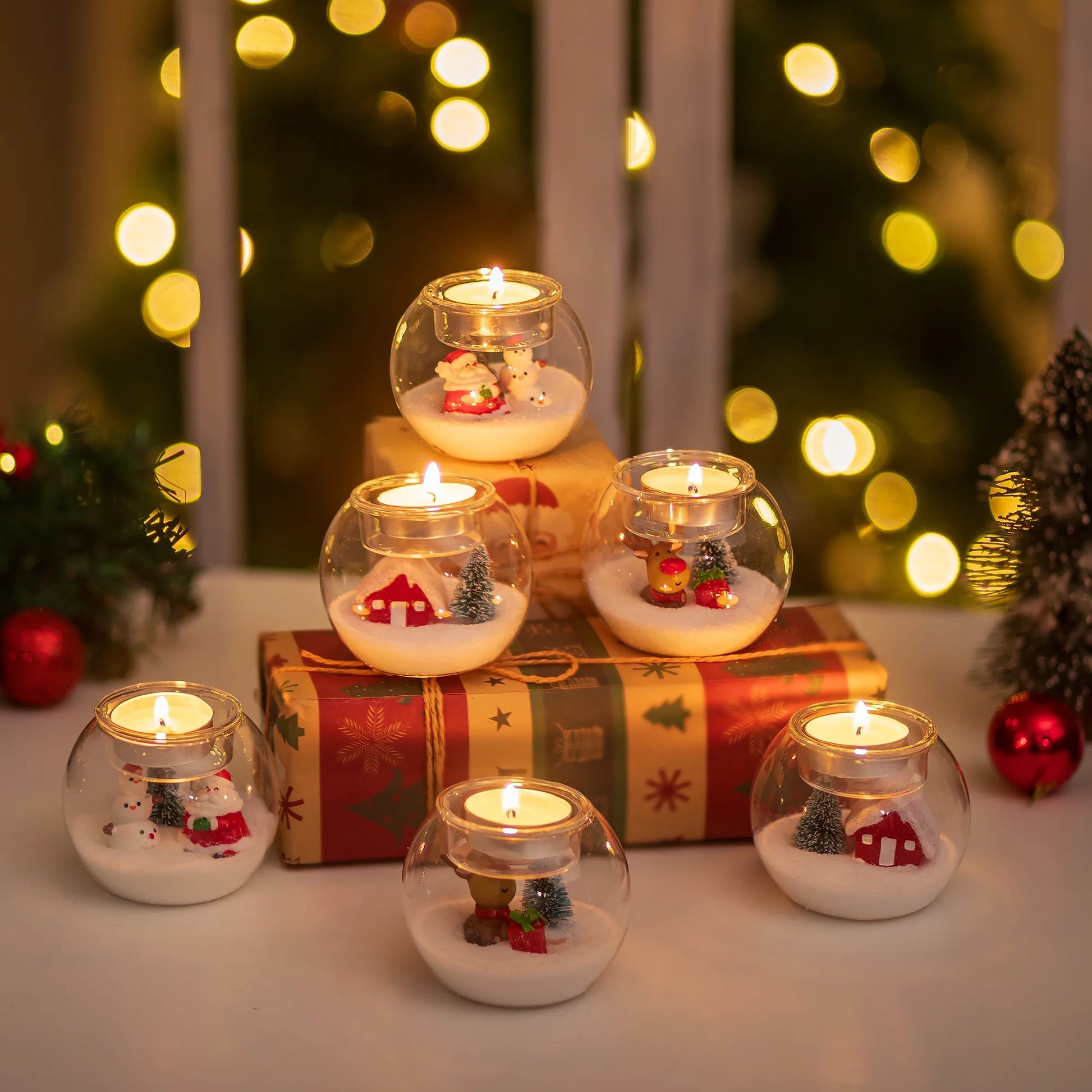 Set of 3 Santa Claus Tealight Candle Holders: Christmas Decor with Red Hat White Beard Festive Tabletop Decorations Holiday Gift