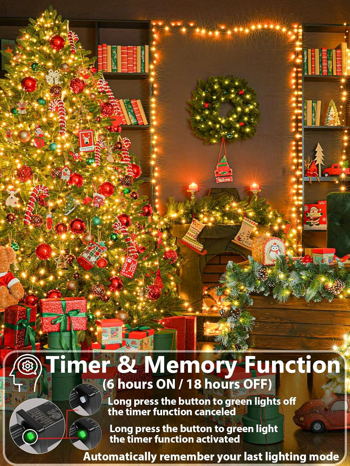 Upgraded 75.8 FT 200 LED Christmas String Lights Outdoor/Indoor, Timer & Memory Function & 8 Modes, Extendable Green Wire Waterproof Fairy String Lights for Xmas Tree Holiday Party Garden (Warm White)