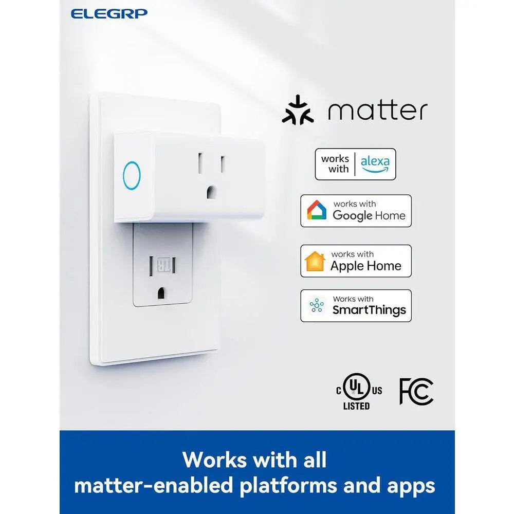Mini Smart Plug Matter Supported 15A/1800W Max Compatible Apple Home/Siri/Alexa/Google Home/Smart Things White 2-Piece