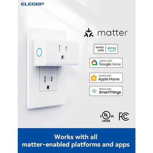 Mini Smart Plug Matter Supported 15A/1800W Max Compatible Apple Home/Siri/Alexa/Google Home/Smart Things White 2-Piece