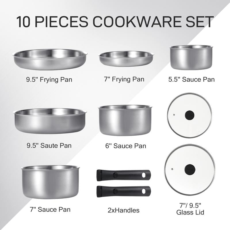 [Official] CAROTE 10/14Pcs Pots and Pans Set, Stainless Steel Kitchen Cookware Set Detachable Handle, Induction Cookware Sets, Dishwasher/Oven Safe, Black