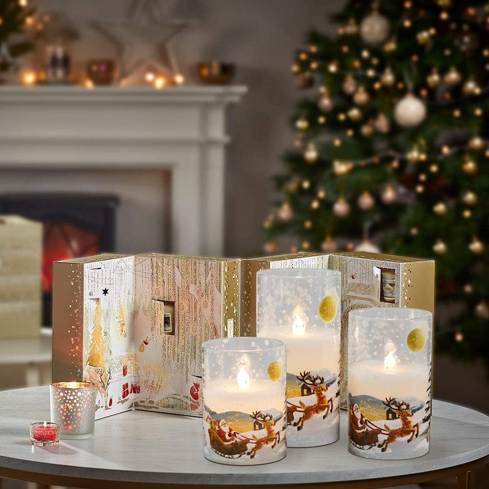 Santa Claus Glass Flameless Candles Battery Operated Remote and Timer Real Wax LED Flickering Pillar Candles White Cold Light Window Christmas Holiday Decor D3 X H4, 5", 6"