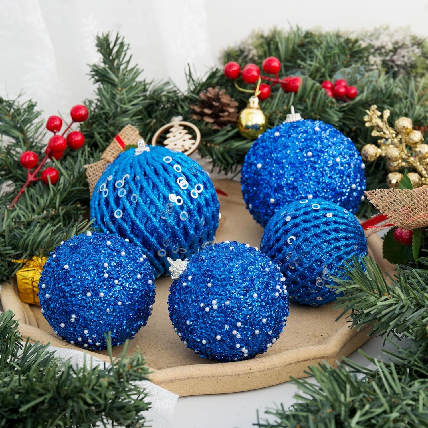 3.15" Christmas Ball Ornaments Glitter Shatterproof Christmas Tree Ornaments Sequin Xmas Hanging Balls Decorations for Wedding Party Holiday(Sapphire, 12Pc-8Cm)
