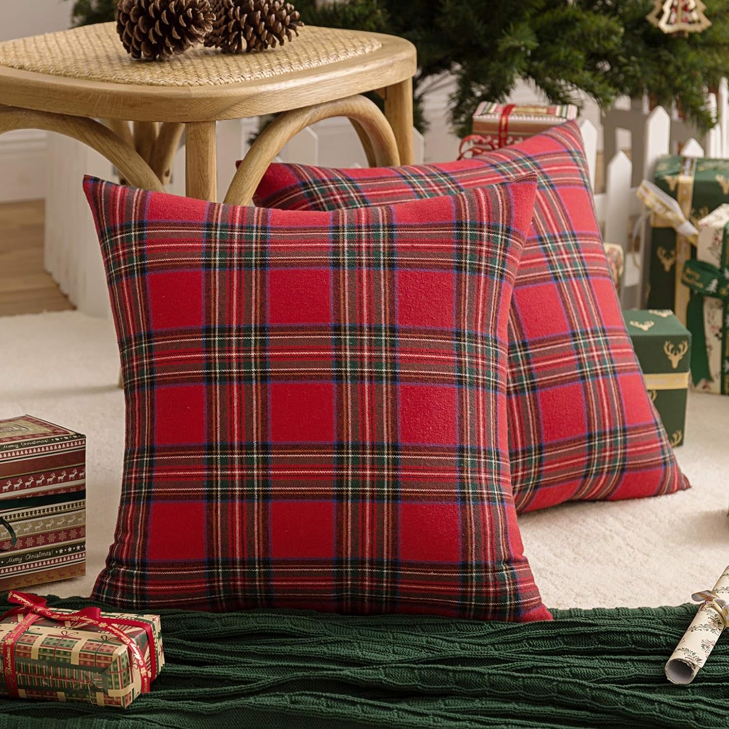 Pack of 2 Christmas Plaid Decorative Throw Pillow Covers Scottish Tartan Cushion Case for Farmhouse Home Holiday Decor Red and Green, 20 X 20 Inches