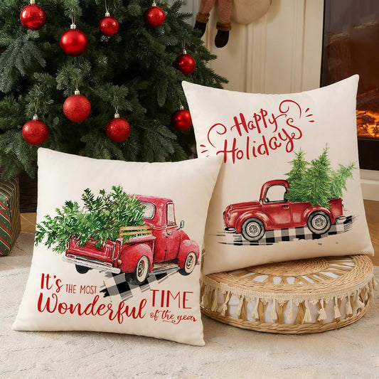 Red Truck Christmas Decor Outdoor Christmas Throw Pillow Covers 18X18 for Home Car Office, Set of 2