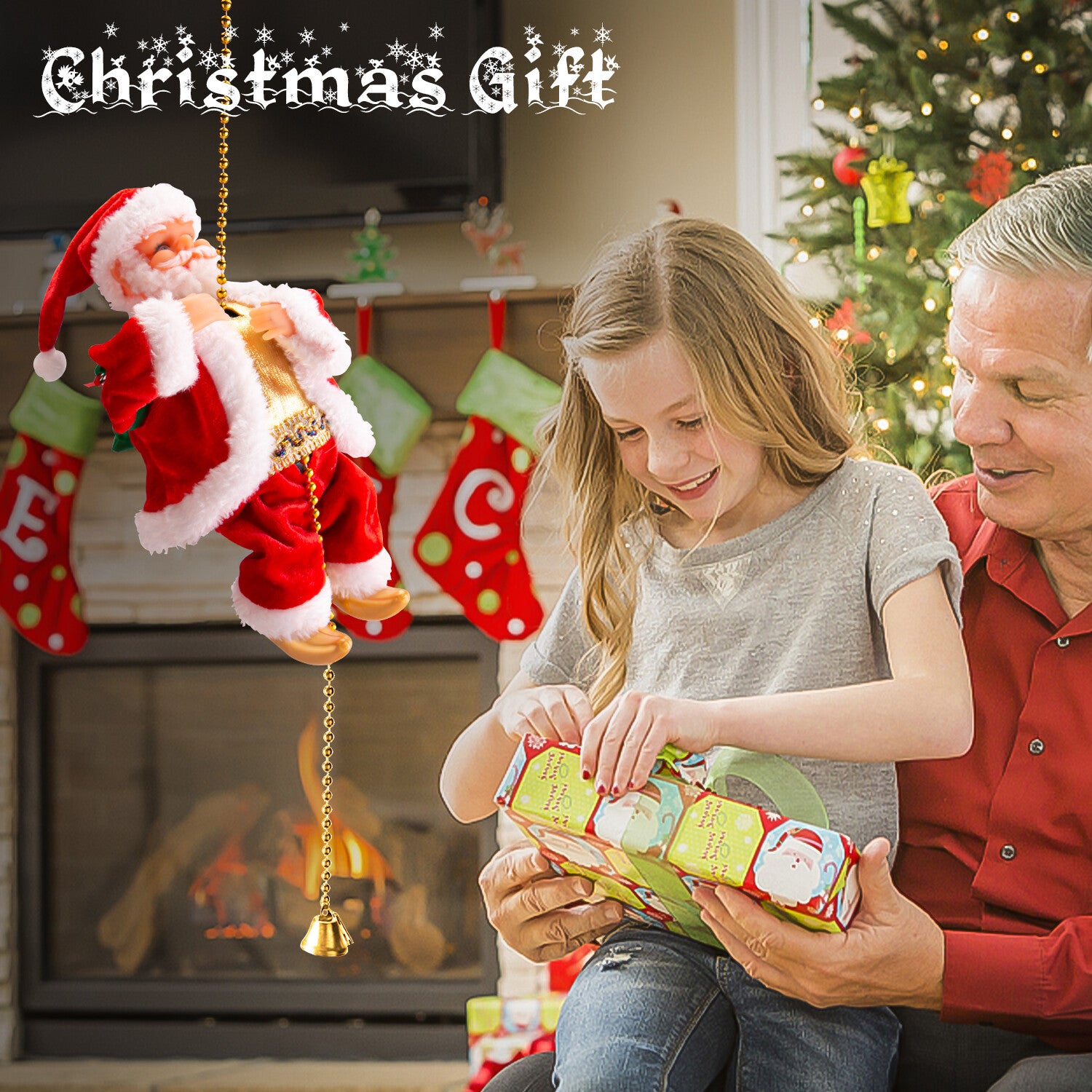 Electric Christmas Santa Claus Climbing Rope Ladder Musical Toy Xmas Gift Decor