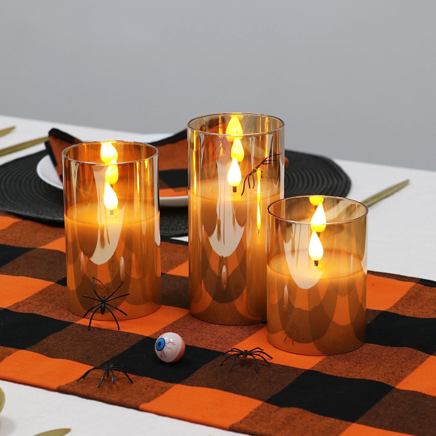 Gold Glass Battery Operated Candles with Remote, Flameless LED Candle Gift Set, Warm White Light - Include 6 Batteries