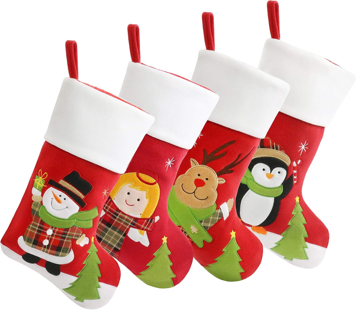 Christmas Stockings Set of 4 Soft Patterned Santa Claus Animals Socks for Assorted Xmas Tree Hanging Decorations Party Ornaments Gifts Kids