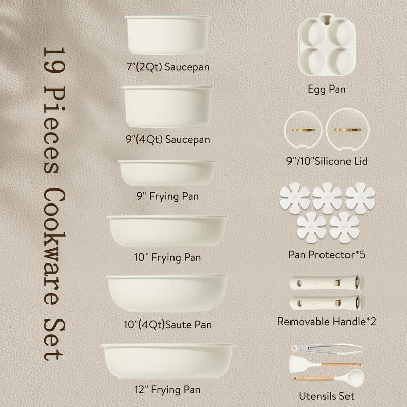 [Official] CAROTE 19/20Pcs Detachable Handle Pots and Pans Set, Nonstick Cookware Set, Kitchen Cookware Sets, RV Cookware Set, Oven Safe, Silicone Lid