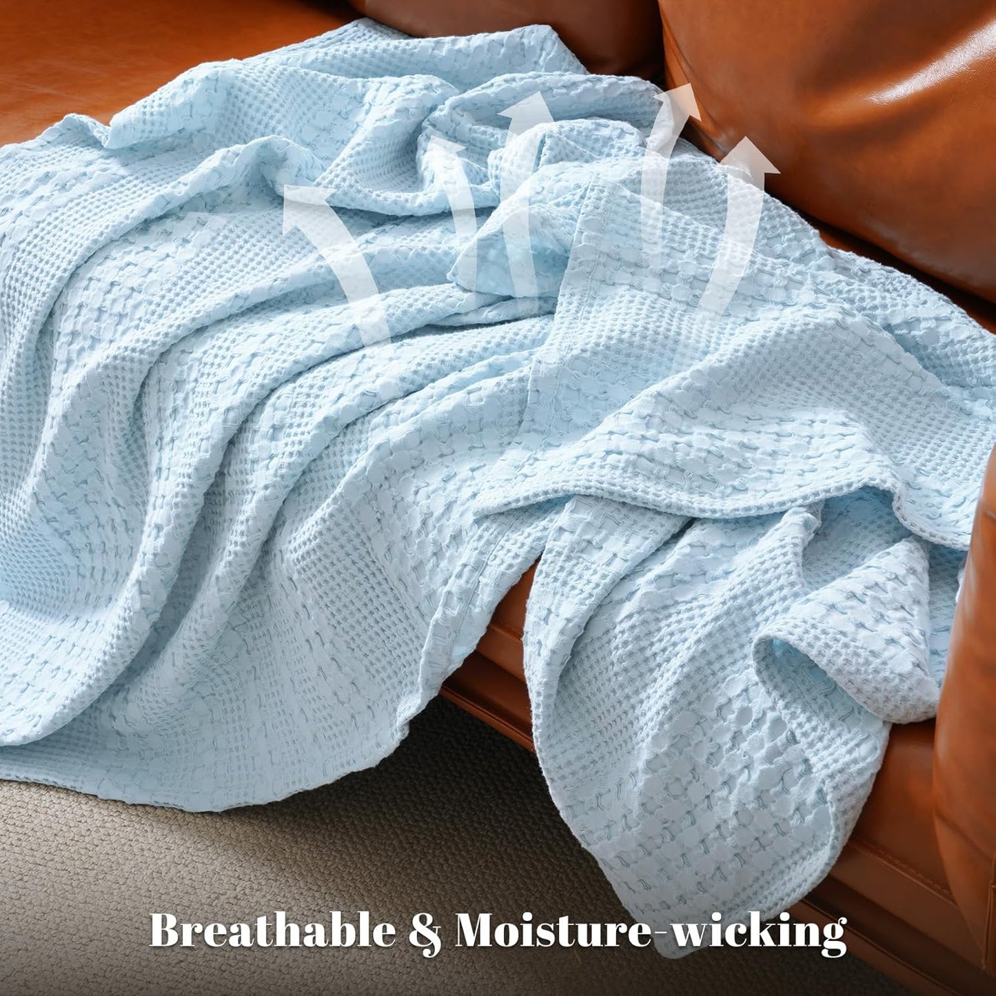 100% Cotton Waffle Weave Blanket Queen Size for Bed, Soft Lightweight & Breathable, All-Season Comfort, Luxury Aesthetic Woven Bedding for Home Decor, 90"X90", Baby Blue