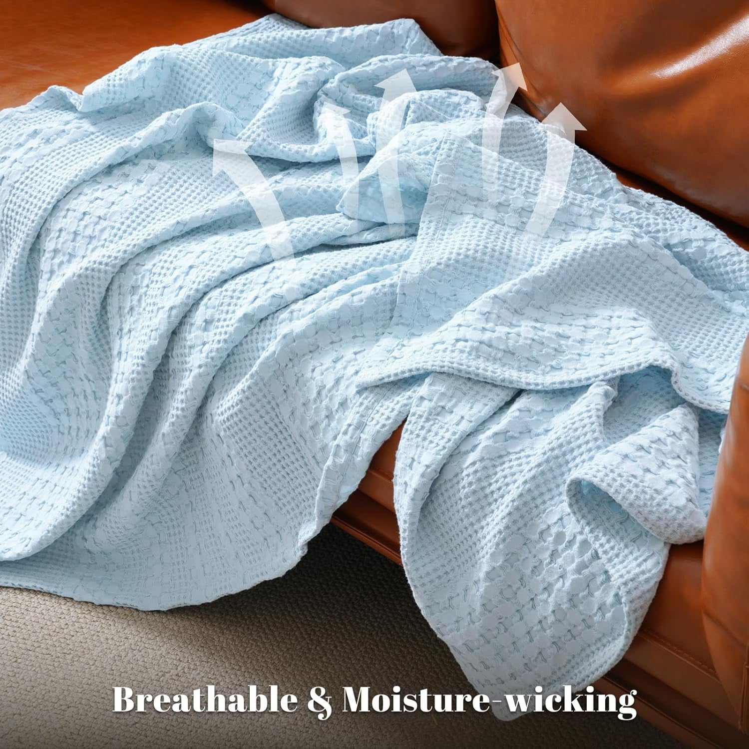 100% Cotton Waffle Weave Blanket Queen Size for Bed, Soft Lightweight & Breathable, All-Season Comfort, Luxury Aesthetic Woven Bedding for Home Decor, 90"X90", Baby Blue