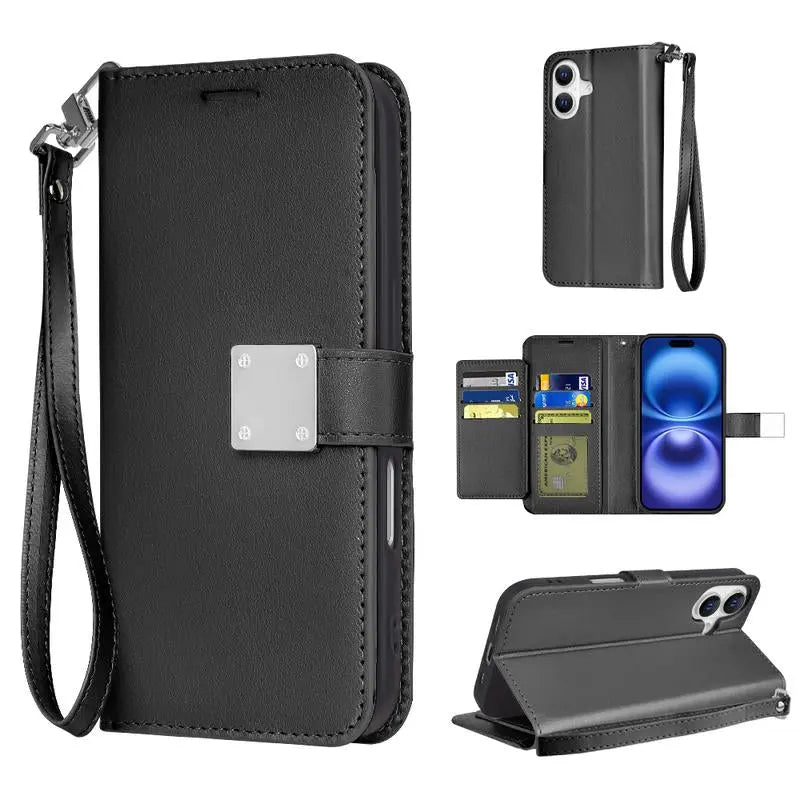 Happydeal Bi-Fold High Quality Synthetic Leather Wallet Credit Card Holder Stand Cover Case with Strap for Apple Iphone 16 Pro MAX