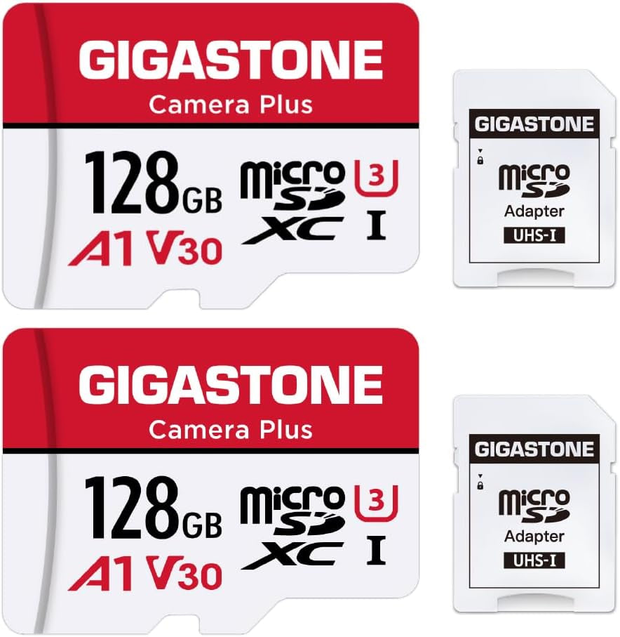 128GB Micro SD Card 2-Pack, Camera Plus, Compatible with Gopro, Security Camera, Dash Cam, Speed up to 100Mb/S, 4K Video Recording, Micro SDXC UHS-I A1 V30 U3 Class 10