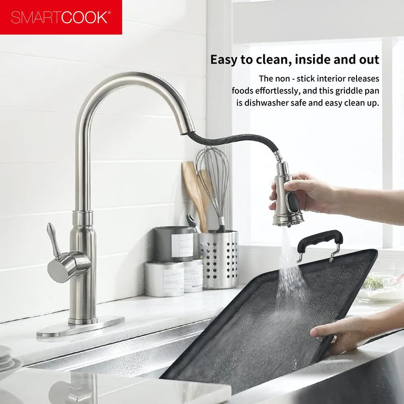 Smartcook 19" Nonstick Dual Burner Griddle & Grill Pan Set with Utensils - Durable, Versatile Cookware, Silicone Handles, Perfect for Gourmet Cooking Stove Fry