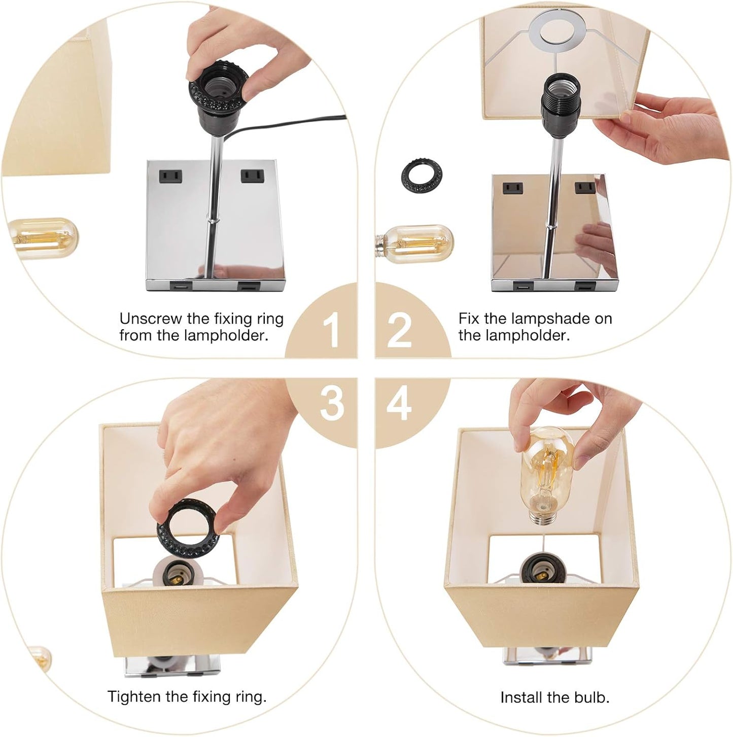 USB Touch Table Lamp, 3 Way Touch Control Bedside Lamp with Dual USB Charging Ports & Dual 2-Pin Outlet, Gold Lampshade and Sliver Base, E26 Base 2700K Warm White LED Bulb Included
