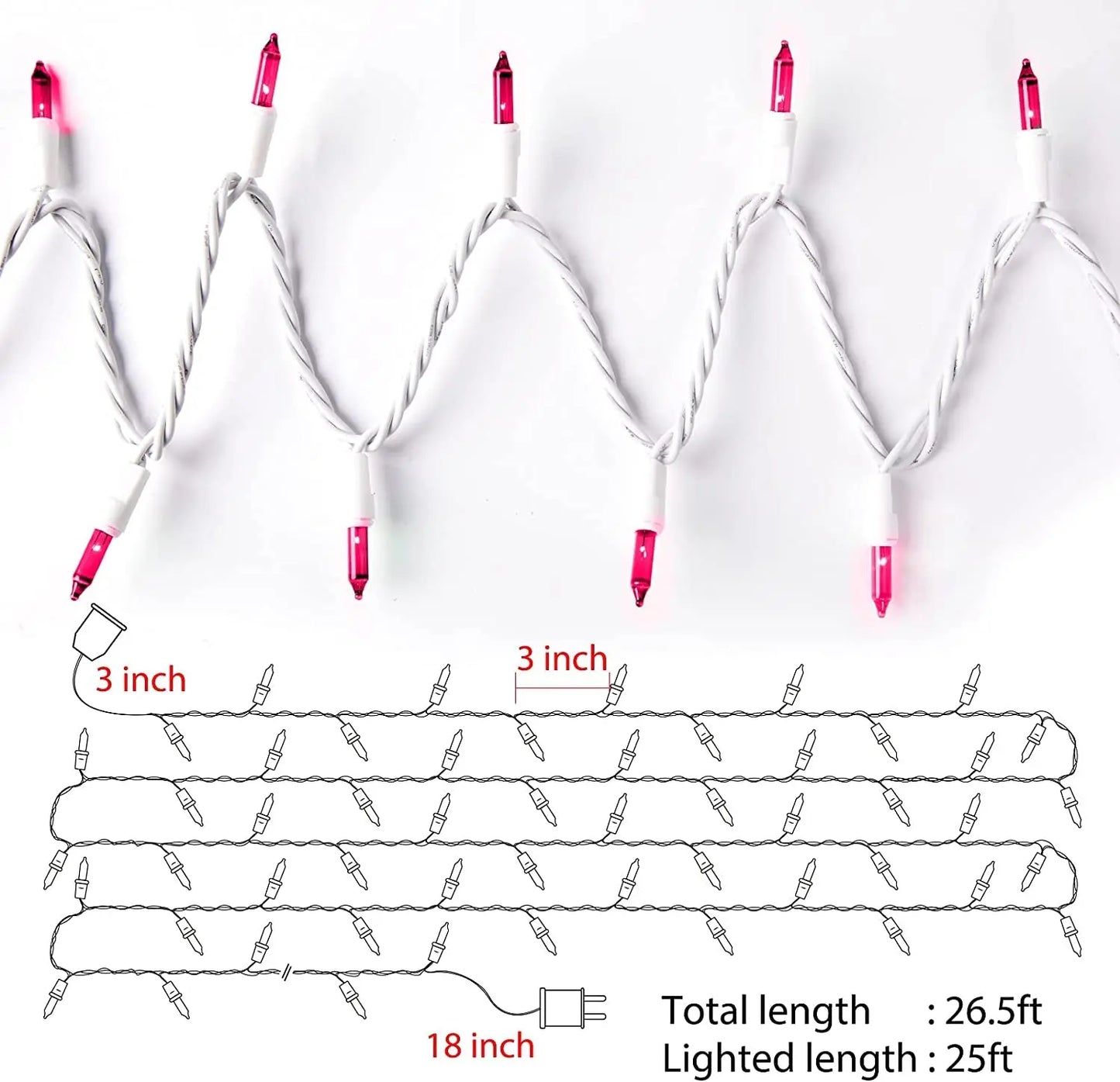 Christmas Pink Mini String Lights - 100 Count 25 Feet Detachable Incandescent Bulb Waterproof Fairy Lights Plug in for Indoor Outdoor Party Patio Xmas Tree Valentine'S Day Decoration, White Wire