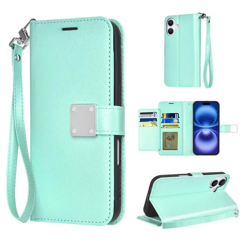 Happydeal Bi-Fold High Quality Synthetic Leather Wallet Credit Card Holder Stand Cover Case with Strap for Apple Iphone 16 Pro MAX