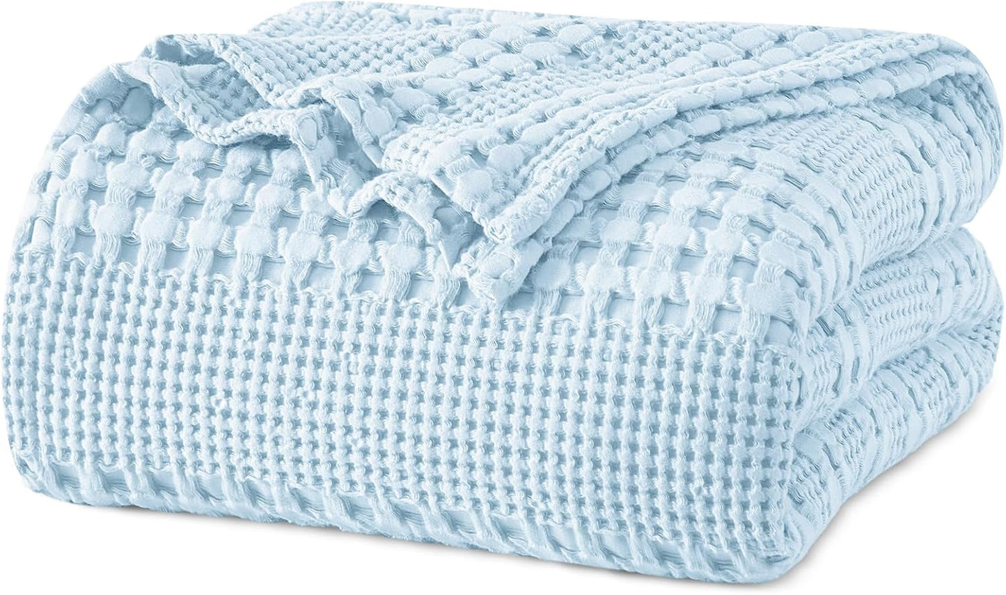 100% Cotton Waffle Weave Blanket Queen Size for Bed, Soft Lightweight & Breathable, All-Season Comfort, Luxury Aesthetic Woven Bedding for Home Decor, 90"X90", Baby Blue