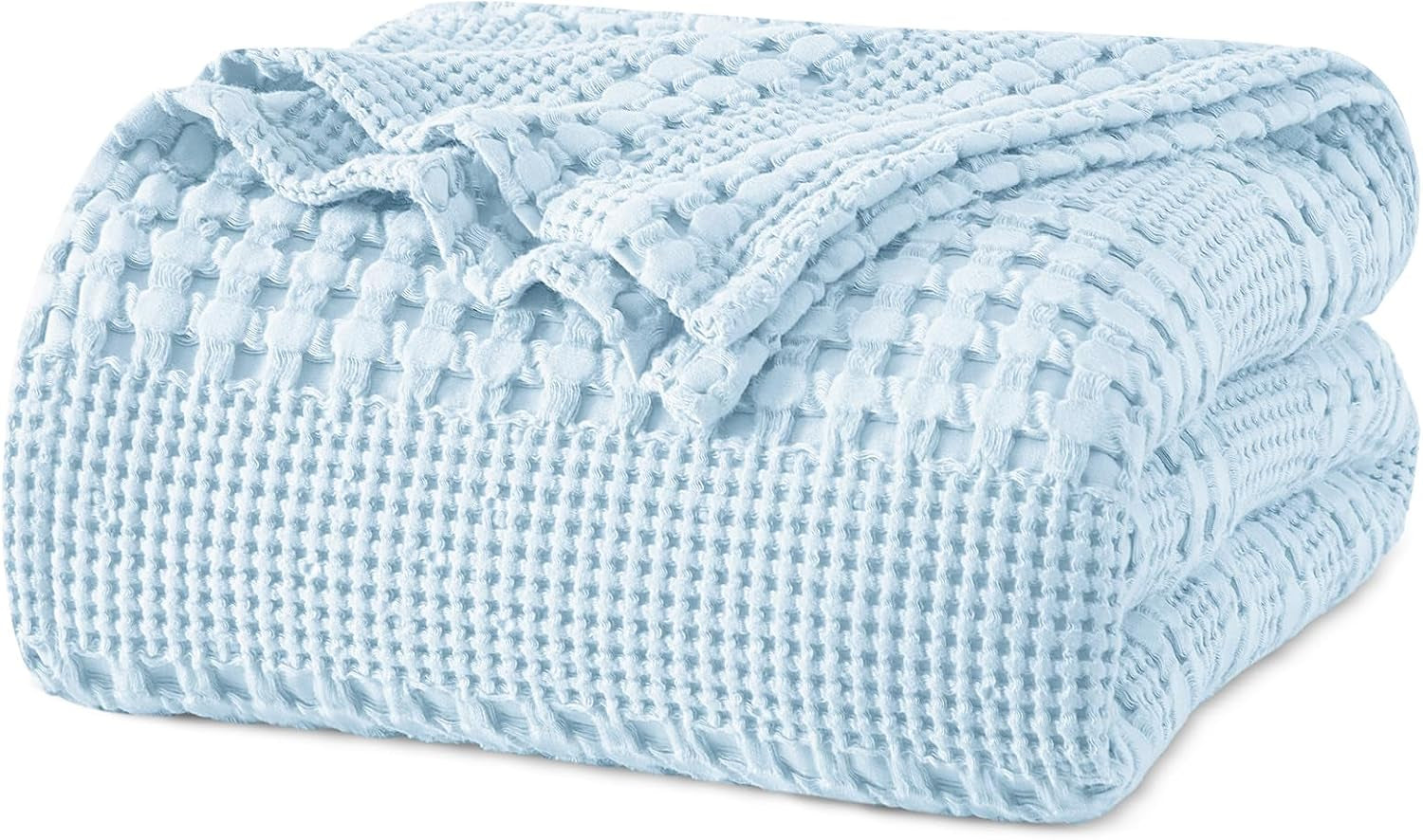 100% Cotton Waffle Weave Blanket Queen Size for Bed, Soft Lightweight & Breathable, All-Season Comfort, Luxury Aesthetic Woven Bedding for Home Decor, 90"X90", Baby Blue