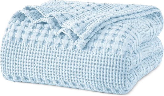 100% Cotton Waffle Weave Blanket Queen Size for Bed, Soft Lightweight & Breathable, All-Season Comfort, Luxury Aesthetic Woven Bedding for Home Decor, 90"X90", Baby Blue