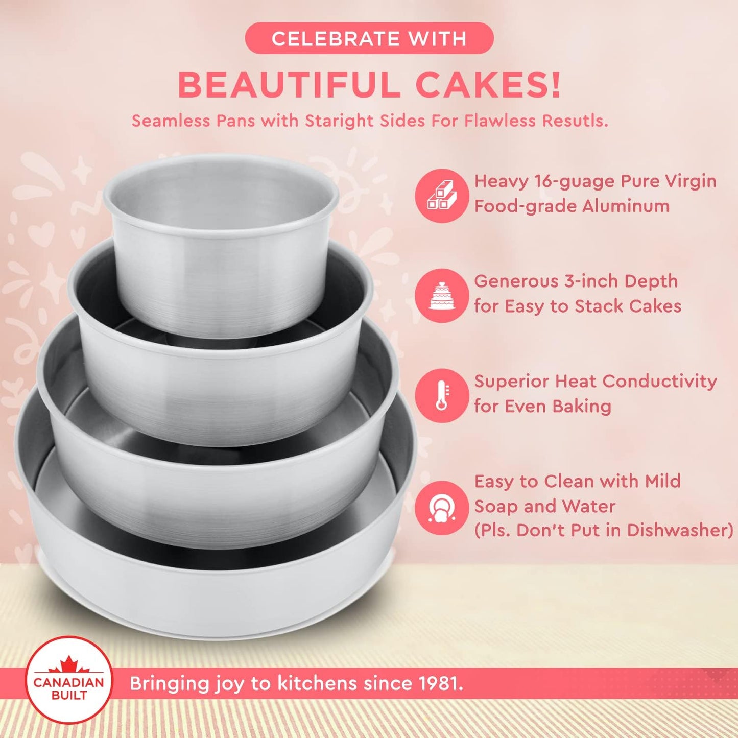 Crown 8 Inch round Cake Pan, 3" Deep, Extra Sturdy, Fully Straight Sides, Even-Heating, Made in Canada