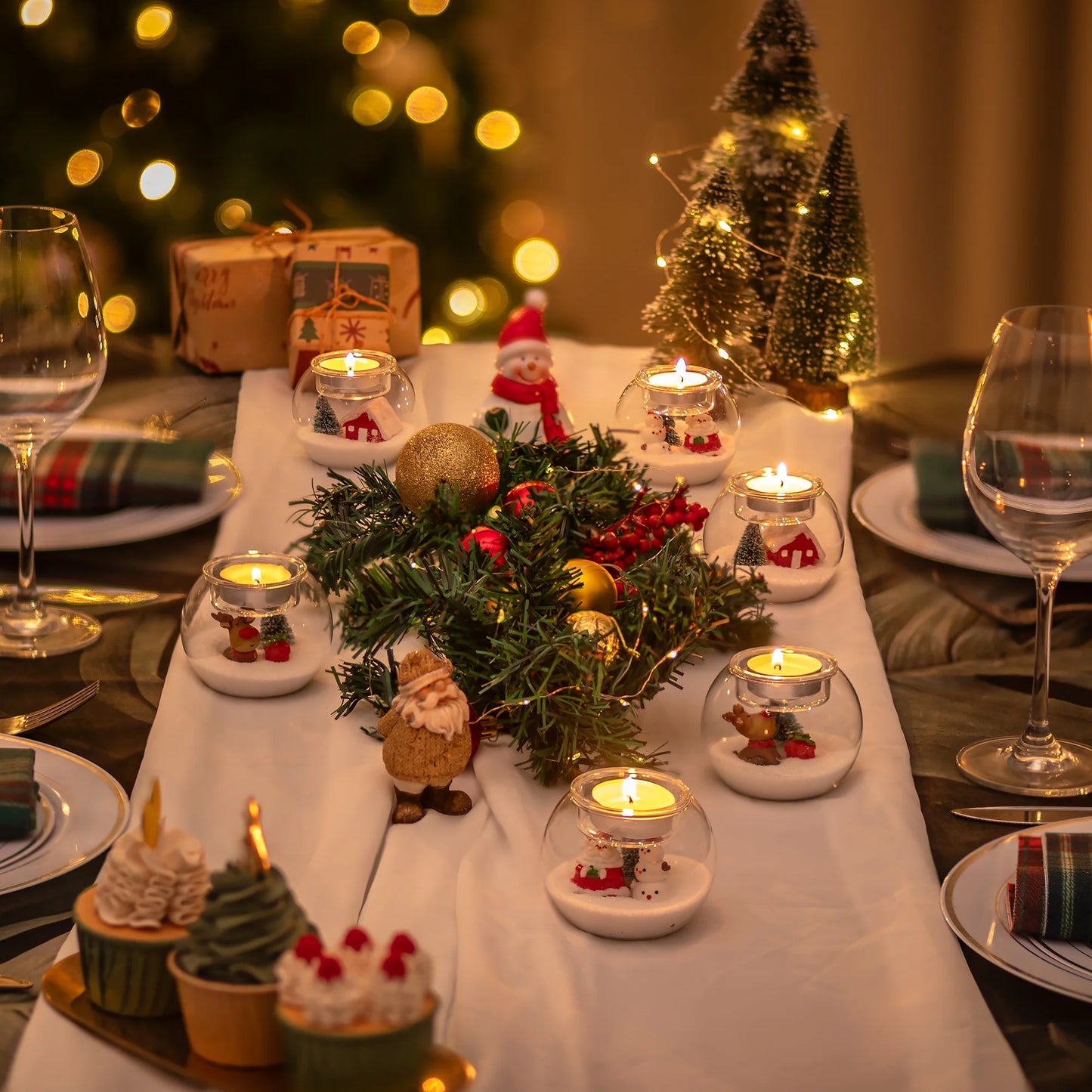 Set of 3 Santa Claus Tealight Candle Holders: Christmas Decor with Red Hat White Beard Festive Tabletop Decorations Holiday Gift