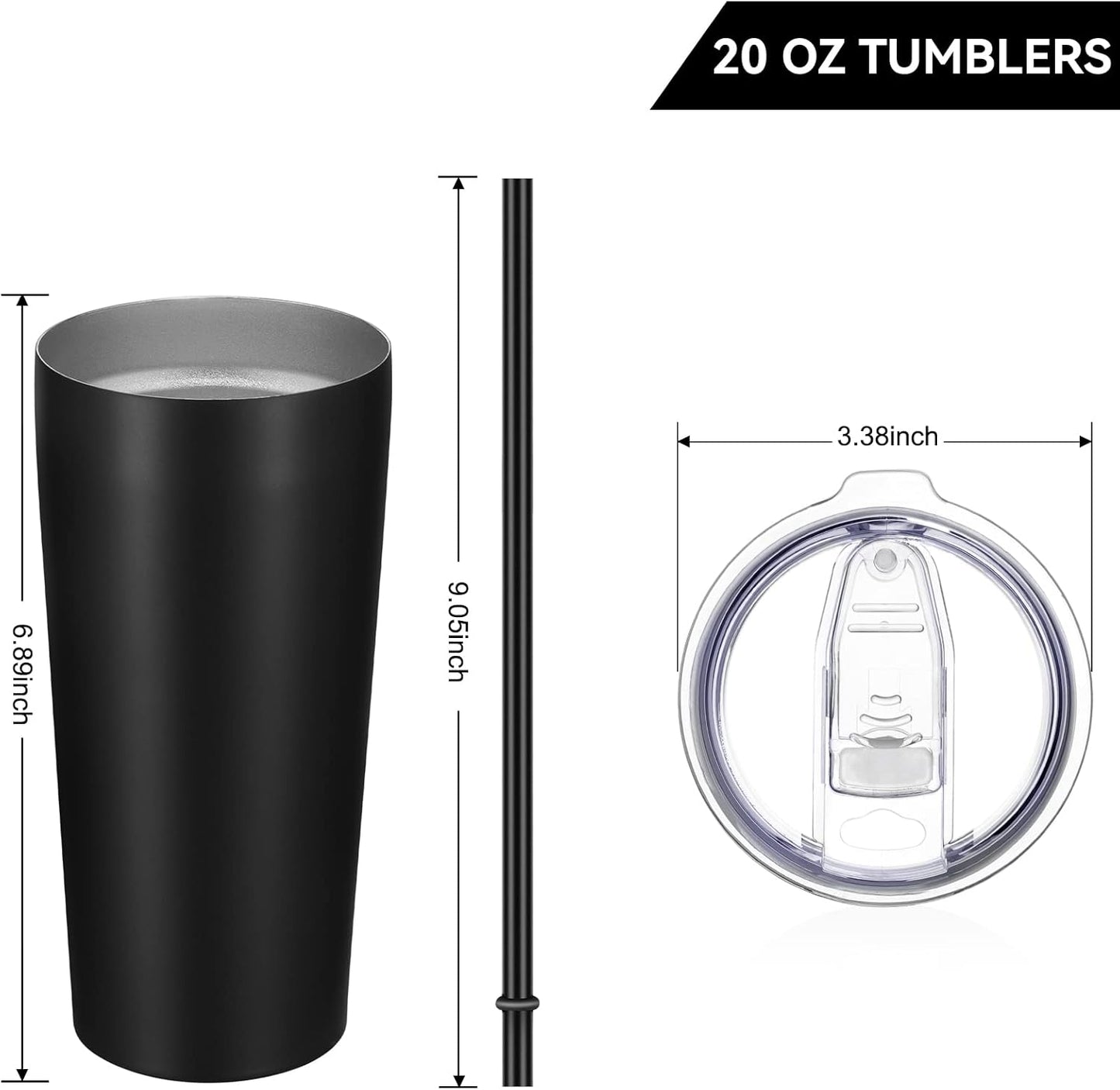 20Oz Tumbler Bulk with Lid and Straw 6 Pack, Stainless Steel Vacuum Insulated Tumbler, Double Wall Coffee Cup Travel Mug, Black