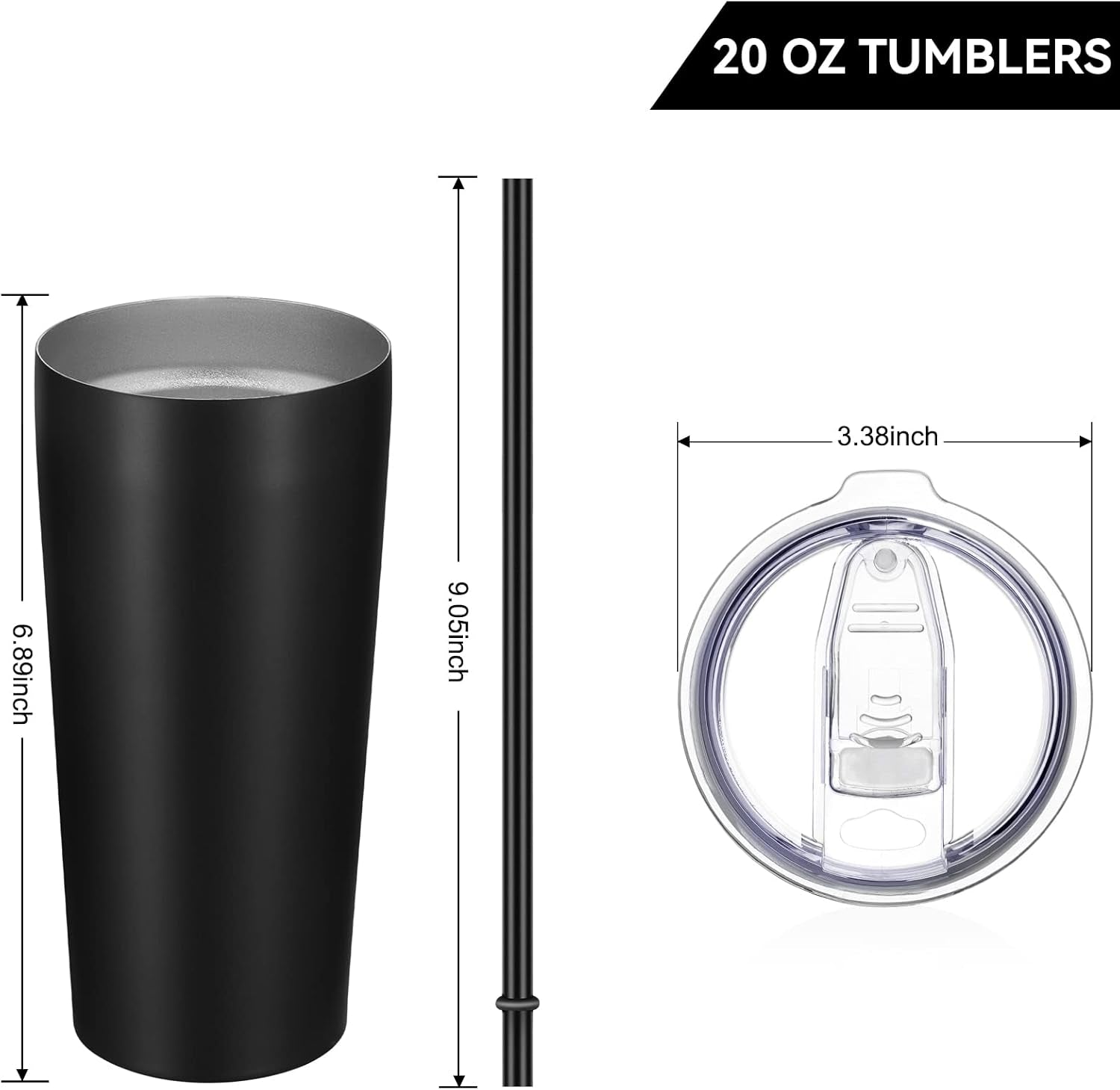20Oz Tumbler Bulk with Lid and Straw 6 Pack, Stainless Steel Vacuum Insulated Tumbler, Double Wall Coffee Cup Travel Mug, Black