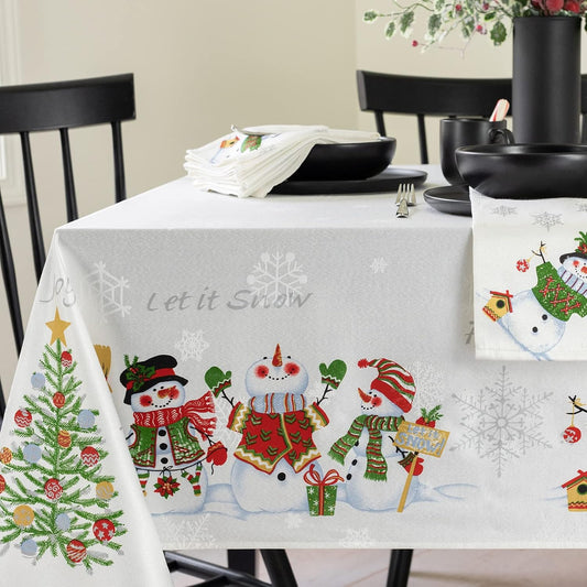 Believe Snowman Engineered Printed Jacquard Fabric Christmas Table Cloth, Christmas Tablecloth for All Winter and Holiday (60" X 84" Rectangular, Believe Snowman)